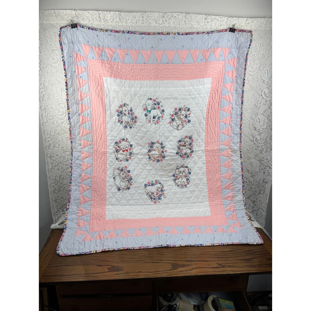 Vintage Handmade Baby Quilt Hand Embroidered Nursery Animals Pink Blue Sawtooth